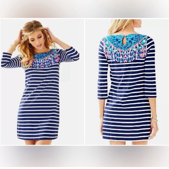 Lilly Pulitzer Dresses & Skirts - Lilly Pulitzer Bay Dress in Bright Navy Island Medallion Stripe Size Medium